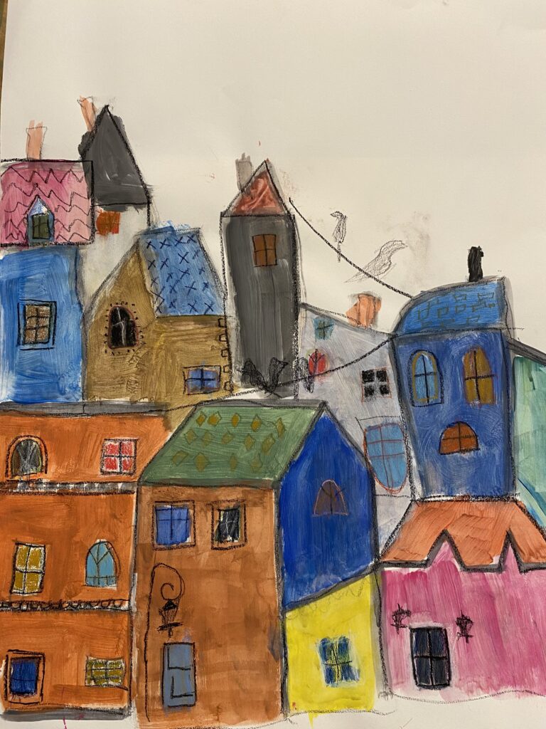 Tableau d'élèves représentant des maisons colorées peinture Genève